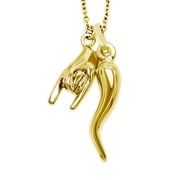 Gold Silver Italian Horn with Hand Sign Pendant - Gold Plated on 925 Sterling Silver - 3D Good Luck Hand Sign - Italian Mano Cornuto Hand Symbol - Cornicello Charm Pendant