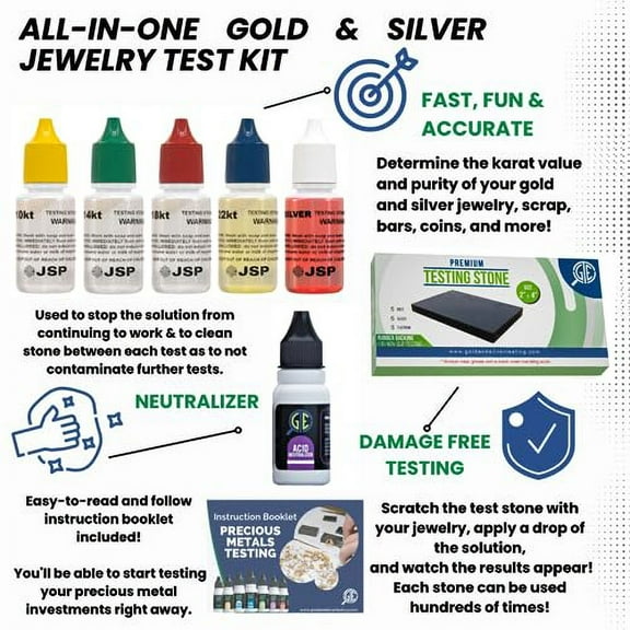 Gold Silver Jewelry Tester Appraisal Kit 10K 14K 18K 22K 24K Test Precious Metals 999 925 Scrap