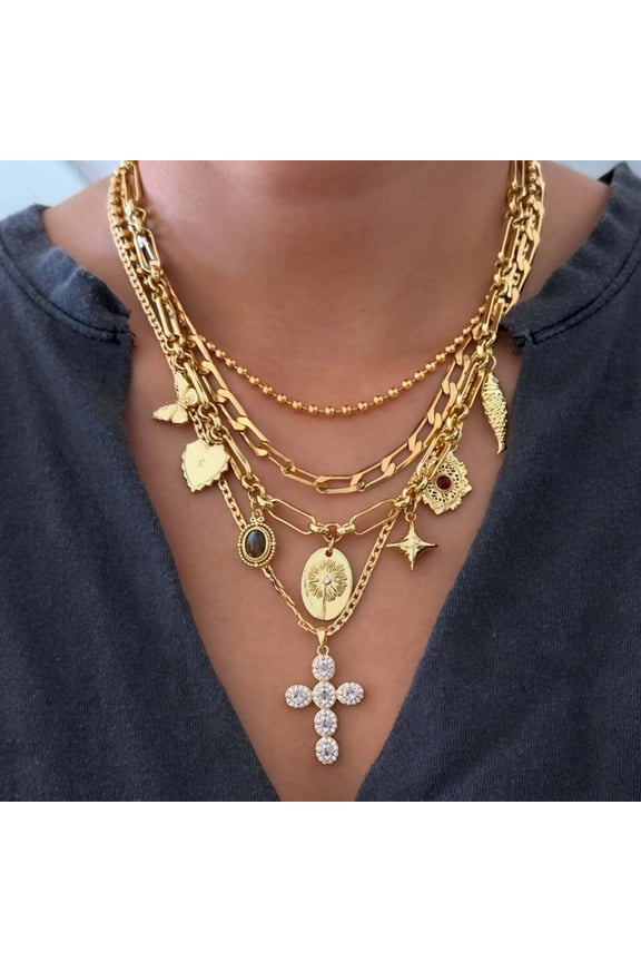 Gold Silver Layered Cross Necklace Set For Women, 4Pcs Gold Chain Pearl Cross Chunky Choker Colorful Rhinestone Sun Pendant Long Y Necklaces Statement Adjustable Jewelry Gift