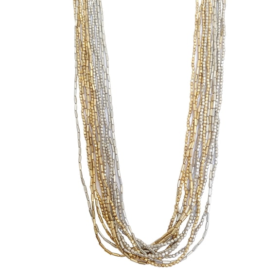 Gold & Silver Multi Strand Beaded Necklace Women Fashion Glass Bead Jewelry - Perfect Party Evening Weekend Statement Necklace - 29"
