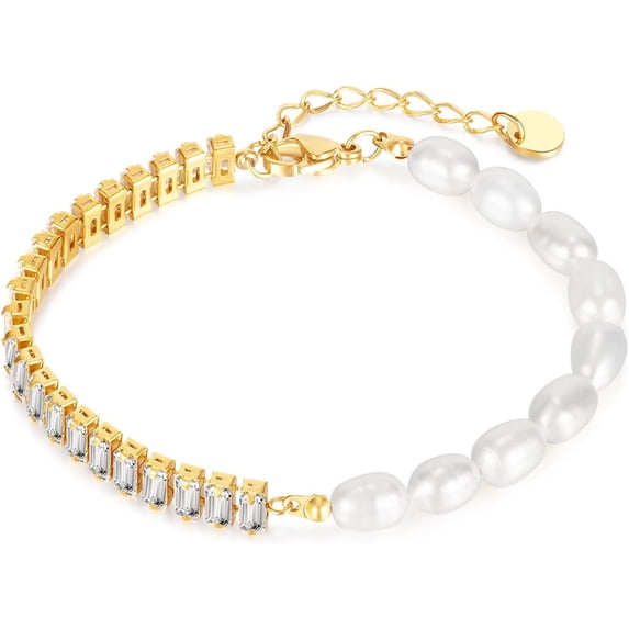 Gold Silver Pearl Bracelet for Women, Natural Fresh Water Pearl Cubic Zirconia Link Bracelet, Hytnpoallergenic Dainty Bracelet Bridal Jewelry, 18K Gold Plated Wedding Bracelet, Bridesmaid Gifts