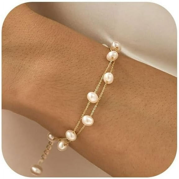 Gold/Silver Pearl Bracelets for Women,14K Gold Plated Bracelets Dainty Pearls Beaded Chain Heart Pearl Bracelets Jewelry Gift for Women