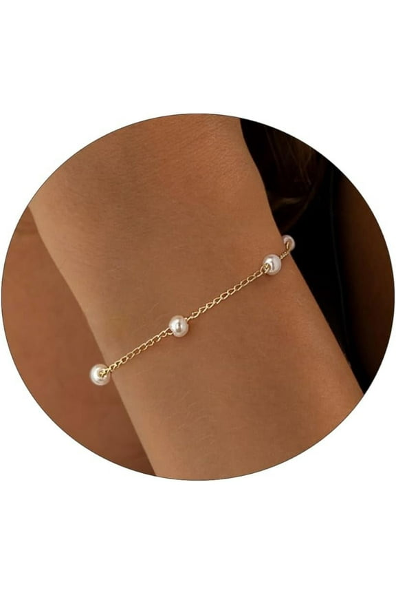 Gold/Silver Pearl Bracelets for Women Dainty Pearls Beaded Chain Tiny Pearls link Chain Cute Simple Pearl Bracelet Jewelry for Women