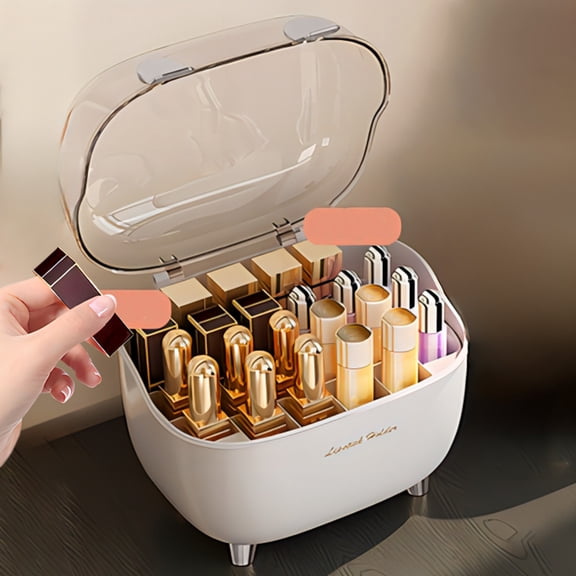 Gold & Silver Plastic Lipstick Storage Box with Clear Lid - 20x16x16.6cm Makeup Organizer for Lip Gloss, Cosmetics & Small Items - Dustproof Tabletop Beauty Case with Handle & Removable Inner Tray