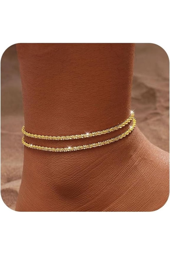 Gold/Silver Plated Ankle Bracelets for Women,14K Gold Plated Anklets for Women Waterproof Sparkly Chain Rhinestone Anklets Set Stackable Layered Anklet Bracelets for Women Beach Gold Jewelry Gift