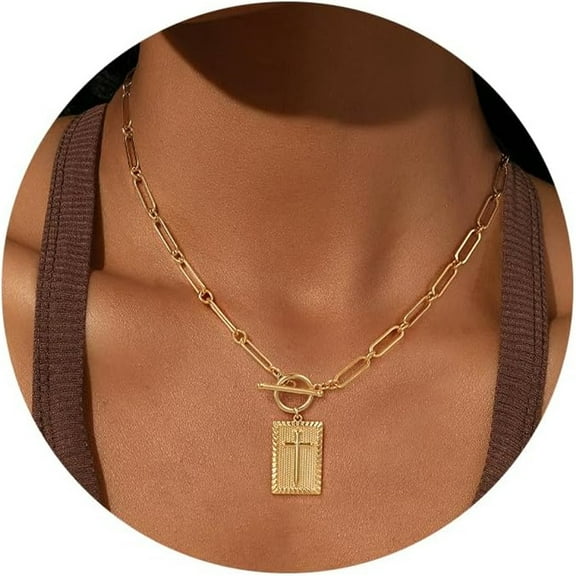 Gold and Silver Plated Cross Pendant Necklace for Women, Toggle Clasp Rectangle Cross Charm Necklace, Dainty Paperclip Chain Religious Jewelry Gift for Christian Faith, Baptism, First Communion