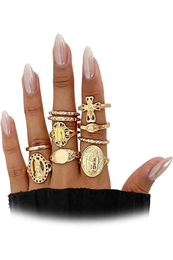 Gold Silver Plated Cross Zirconia Hollow Ring Set for Women,Open Adjustable Stack Virgin Mary Knuckle Finger Rings Punk Party Jewelry Accessories Gift