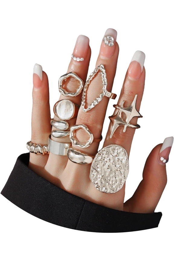 Gold;Silver Plated Geometric Hammered Rings Set for Women,Open Adjustable Pleated Stacking Knuckle Finger Ring Set Punk Party Jewelry Accessories Gift