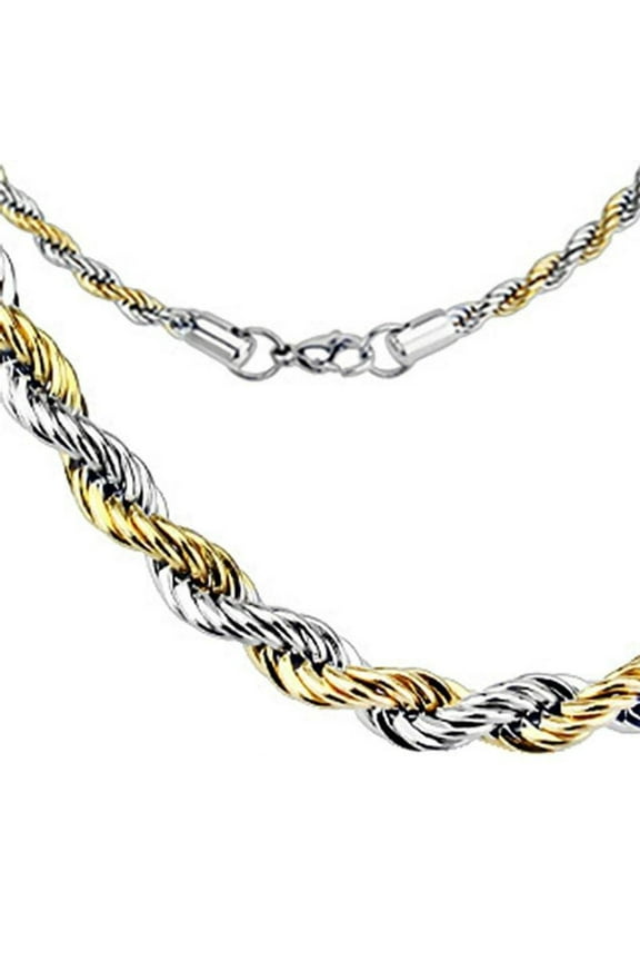 Gold Silver Rope Chain Necklace Two Tone Surgical Stainless Steel 5mm 20-30 Inch Mens Womens Fantasy Forge Jewelry