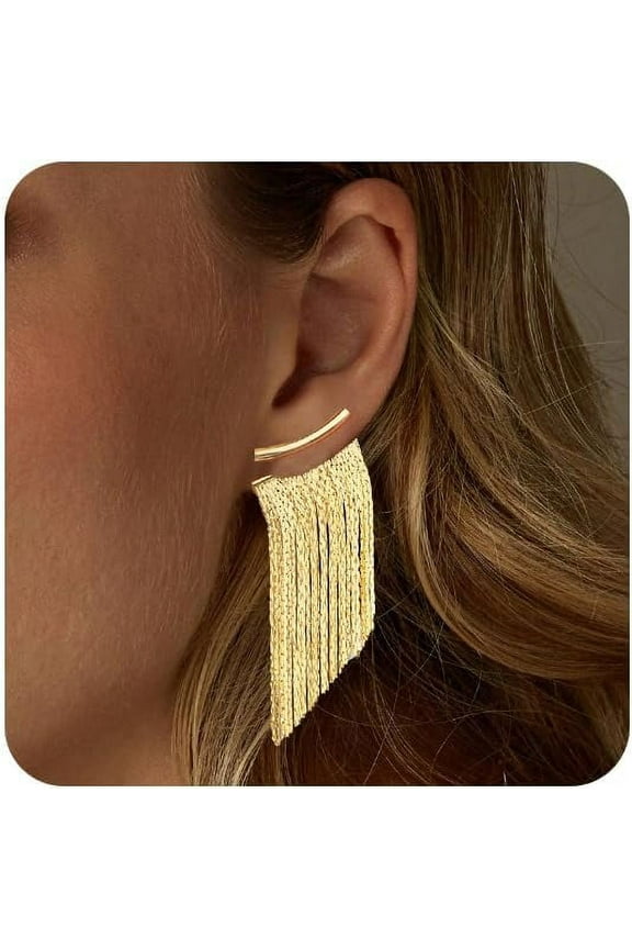 Gold Silver Tassel Earrings for Women Long Statement Drop & Dangle earrings Trendy Ear Jackets Front Back Earrings Dangling Dangly Bridal Fringe Formal Earrings for Wedding Prom Brides Jewelry