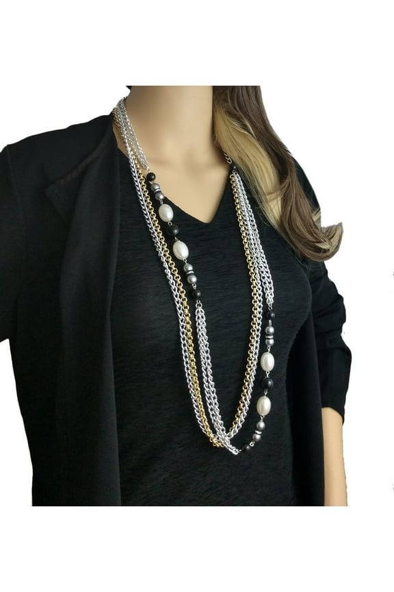 Gold Silver Two Tone Chain Layered Faux Pearl Black Necklace 30-36" Ladies Adult Women