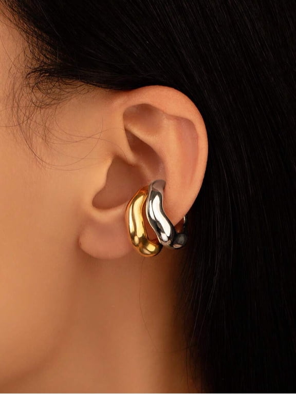 Gold + Silver Two-Tone Clip-On Ear Cuffs Set For Women, Minimalist Fashion