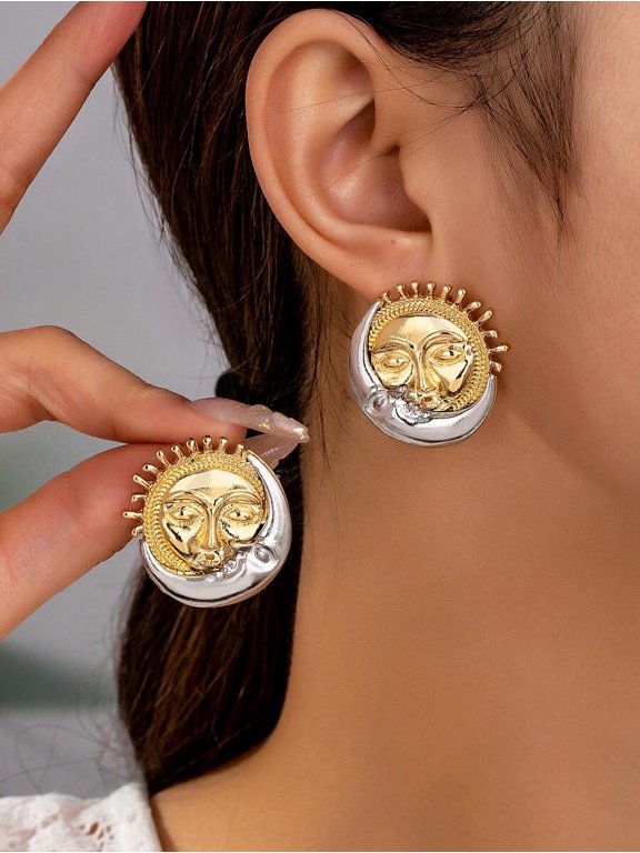 Gold + Silver Two-Tone Sun Face Moon Stud Earrings For Women