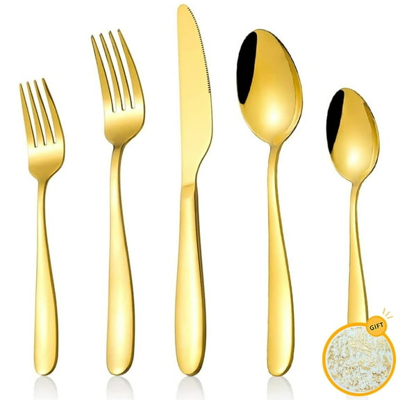Gold Silverware with 10 Pack Disposable Placemats Set, Satin Finish 5-Piece Stainless Steel Flatware Set, Kitchen Utensil Set, Tableware Cutlery Sets for Home and Restaurant, Dishwasher Safe