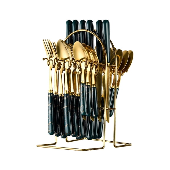 Gold Silverware Cutlery Gift Set, Czzoypi Premium 24-Piece Stainless Steel Flatware Set, Mirror Polish Gold Kitchen Utensils Knife Fork Spoon Dinnerware Tableware Kit, Green