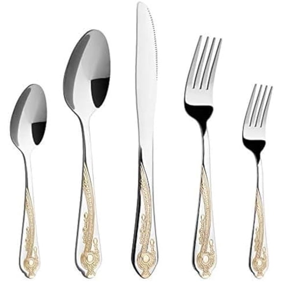 Gold Silverware Set, 20 Piece Stainless Steel Golden Flatware Set for 4, Silver Tableware Set with 24K Gold-Plated Trim, Eating Utensils, Great for Family Gatherings & Daily Use(Prestige)