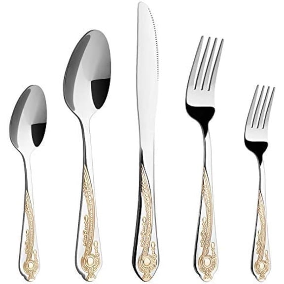 Gold Silverware Set, 20 Piece Stainless Steel Golden Flatware Set for 4, Silver Tableware Set with 24K Gold-Plated Trim, Eating Utensils, Great for Family Gatherings & Daily Use(Prestige)