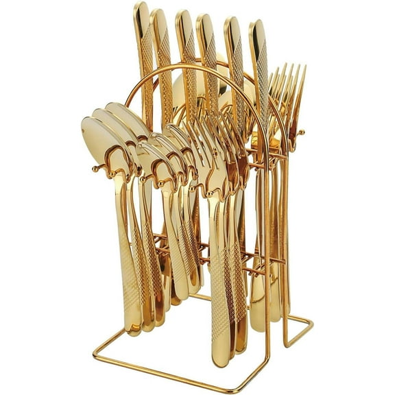 Gold Silverware Set,24 Piece Gilded Silverware Set Rack Service for 6，Mirror Polished Cutlery Utensil Set,Home Kitchen Eating Tableware Set,Include Fork Knife Spoon Holder Set,Dishwasher Safe…