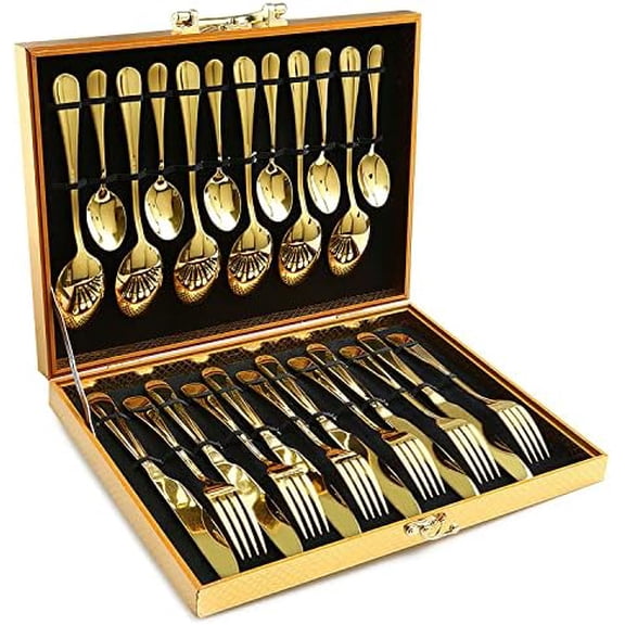 Gold Silverware Set,  24-Piece Gold Forged Stainless Steel Flatware Set, Service of 6