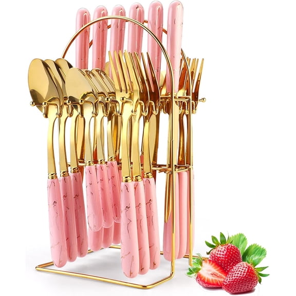 Gold Silverware Set,24 Pieces Flatware Set with Silverware Holder, Stainless Steel Knives Forks Spoons Cutlery Set Service for 6, Kitchen Utensil Tableware Set with Pink Handle (Pink)