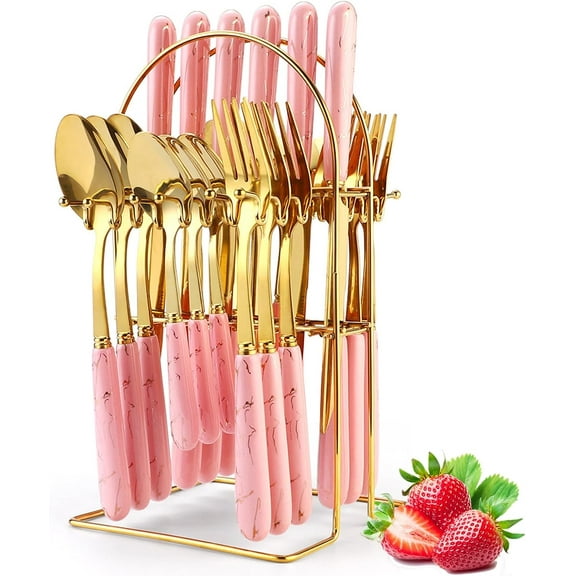 Gold Silverware Set, 24 Pieces Flatware Set with Silverware Holder, Stainless Steel Knives Forks Spoons Cutlery Set Service for 6, Kitchen Utensil Tableware Set with Pink Handle