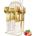 thumbnail image 1 of Gold Silverware Set, 24 Pieces Flatware Set with Silverware Holder, Stainless Steel Knives Forks Spoons Cutlery Set Service for 6, Kitchen Utensil Tableware Set with Pink Handle (White), 1 of 7
