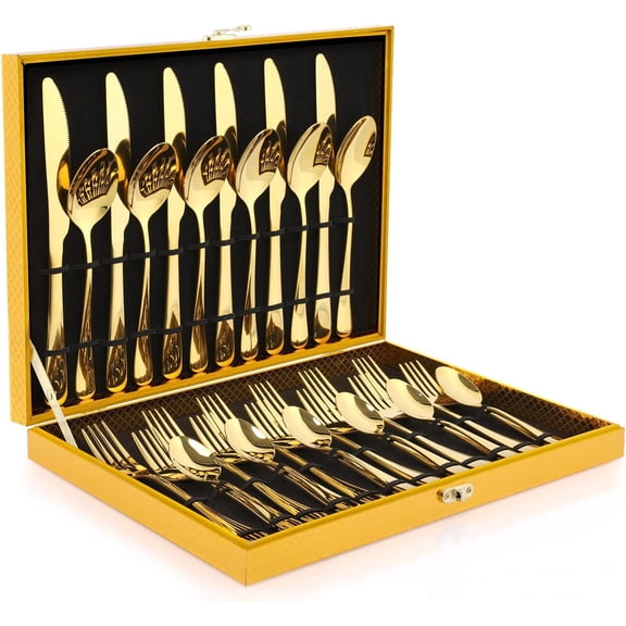 Gold Silverware Set, 30-Piece Gold Forged Stainless Steel Flatware Set, Service of 6