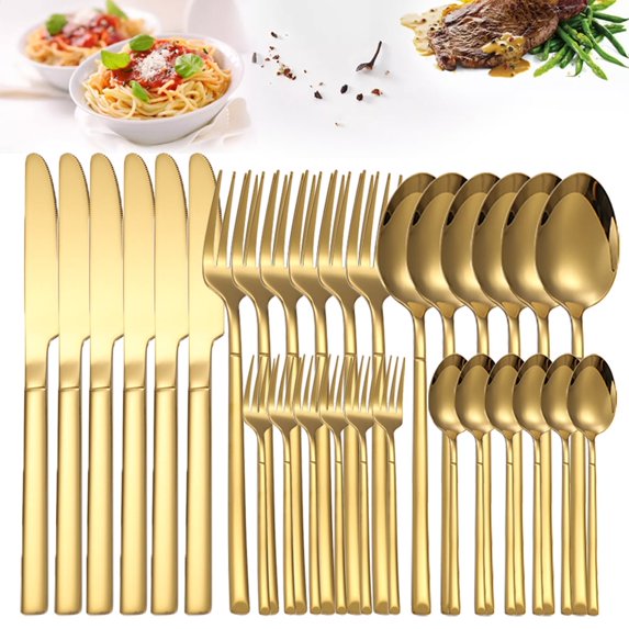 Gold Silverware Set 30 Piece Mirror Polished Flatware Set Spoons and Forks Knives Stainless Steel Kitchen Utensil Accessories Service for 6