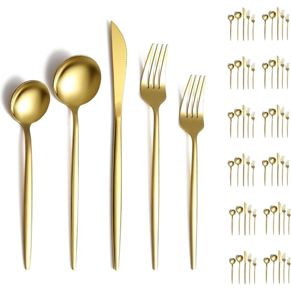 Gold Silverware Set 60 Piece Service for 12, Titanium Gold Plated Stainless Steel Flatware Set, Knives Forks Spoons Cutlery Set for Wedding, Parties, Birthday, Restauroom, Dishwasher Safe