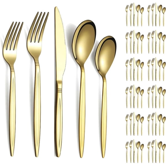 Gold Silverware Set 60 Piece Service for 12, Titanium Gold Plated Stainless Steel Modern Flatware Set, Knives Forks Spoons Set for Wedding, Parties, Birthday, Restauroom, Dishwasher Safe
