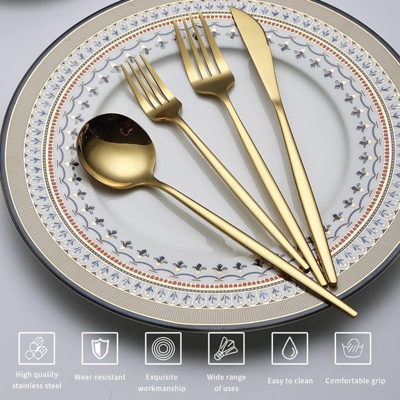 Gold Silverware Set 64 Piece Service for 16, Titanium Gold Plated Stainless Steel Flatware Set, Knives Forks Spoons Cutlery Set for Wedding, Parties, Birthday, Restauroom, Dishwasher Safe