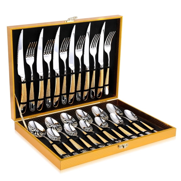 Gold Silverware Set, OGORI 24-Piece Gold Forged Stainless Steel Flatware Set, Service of 6