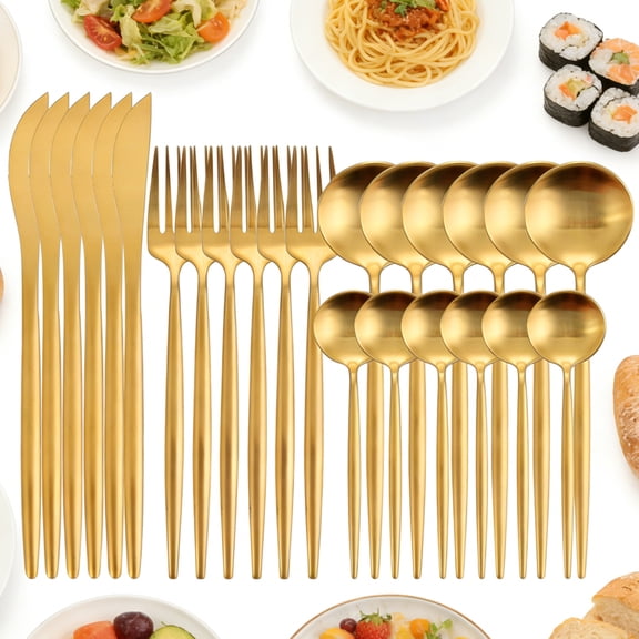 MYVIT Matte Gold Silverware Set of 6,24-Piece Stainless Steel Gold Forks and Spoons Kitchen Accessories Utensils Flatware Cutlery Set