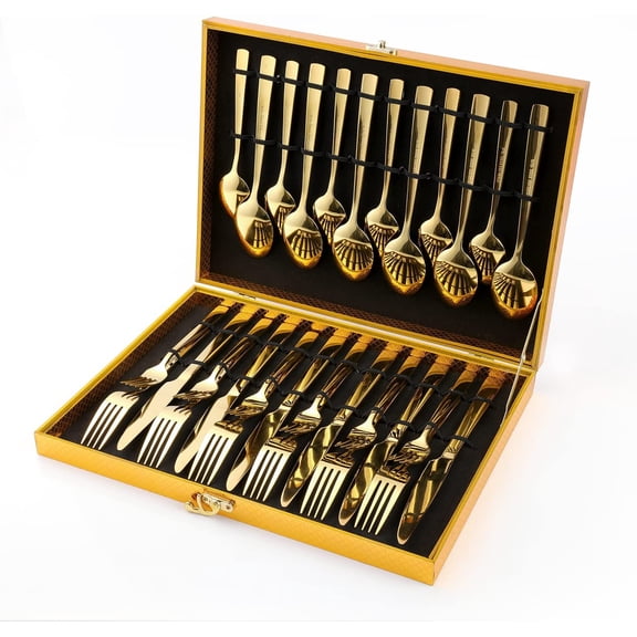 Gold Silverware Set, pupikeji 30-Piece Gold Forged Stainless Steel Flatware Set with Square Handle, Service of 6