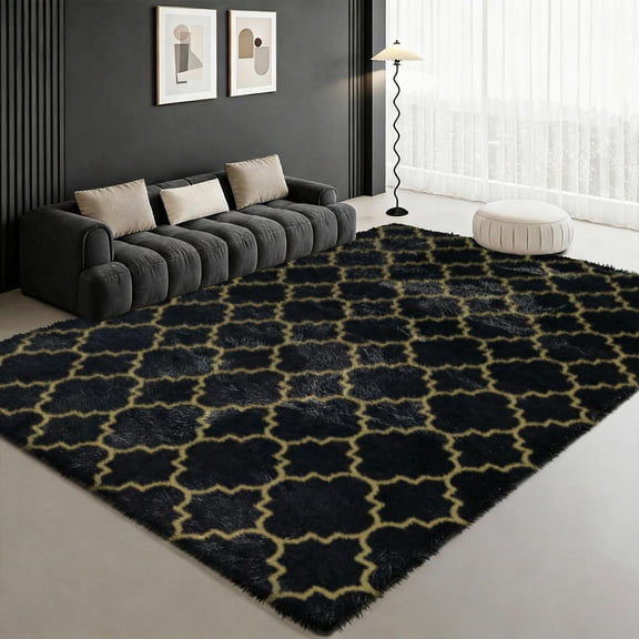 Pentantan Shag Area Rug, 8ft x 10ft Geometric Soft Fluffy Rugs for Living Room Bedroom Indoor Carpet, Black & Gold