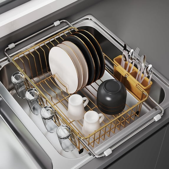 Gold in Sink Dish Drying Rack, Expandable Stainless Steel Small Dish Rack Over Kitchen Sink, Plate Drainer Strainer with Utensil Holder & Cup Holders, Counter Space Saving Wire Dryer Rack