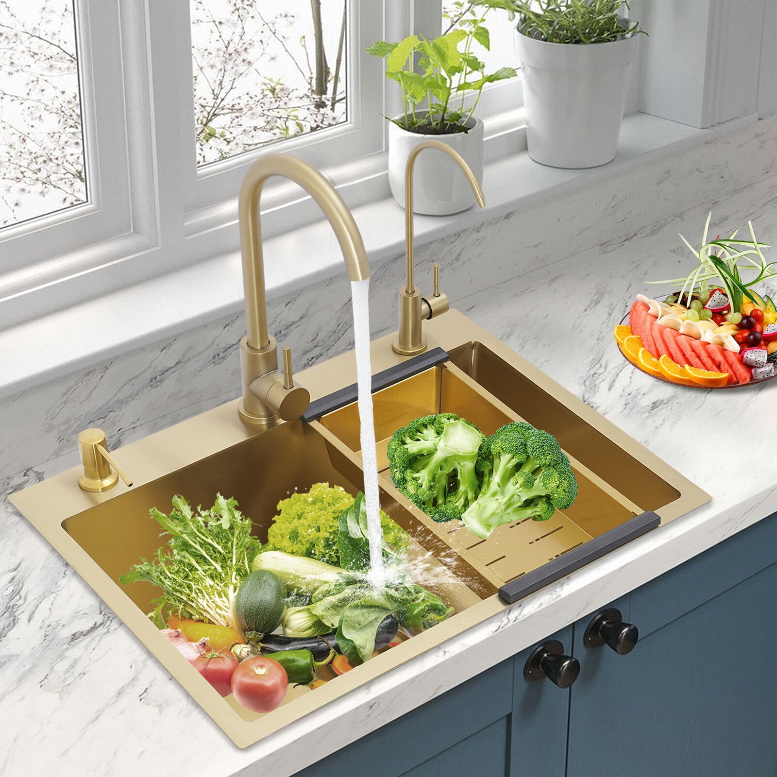 Gold Sink Set, 60x45cm Utility Sink with Faucet Soap Dispenser Drain Basket, Stainless Steel Laundry Tub, Large Capacity Kitchen Sink