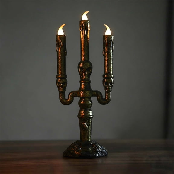 Gold Skull Candle Holder with LED Light, Battery Operated Gothic Halloween Table Lamp for Mantel Shelf Centerpiece Decor