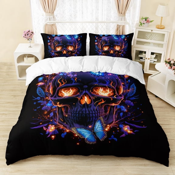 Gold Skull Duvet Cover Size Halloween Sheet Purple Rose Skull Bedding Set for Girls Boys Skeleton Bs Boho Style Comforter Cover Set 1 Quilt Cover 2 Pillowcases 3-Piece-Set