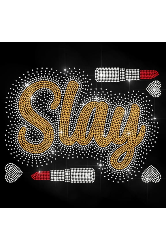 Gold Slay Iron on Rhinestone Decal Love Lipstick Hotfix Transfer Sticker Crystal Fashion Trend Heat Transfer Patch Bling Clothing Repair Applique for T-Shirt Hat Jacket Garment Bag DIY Decor