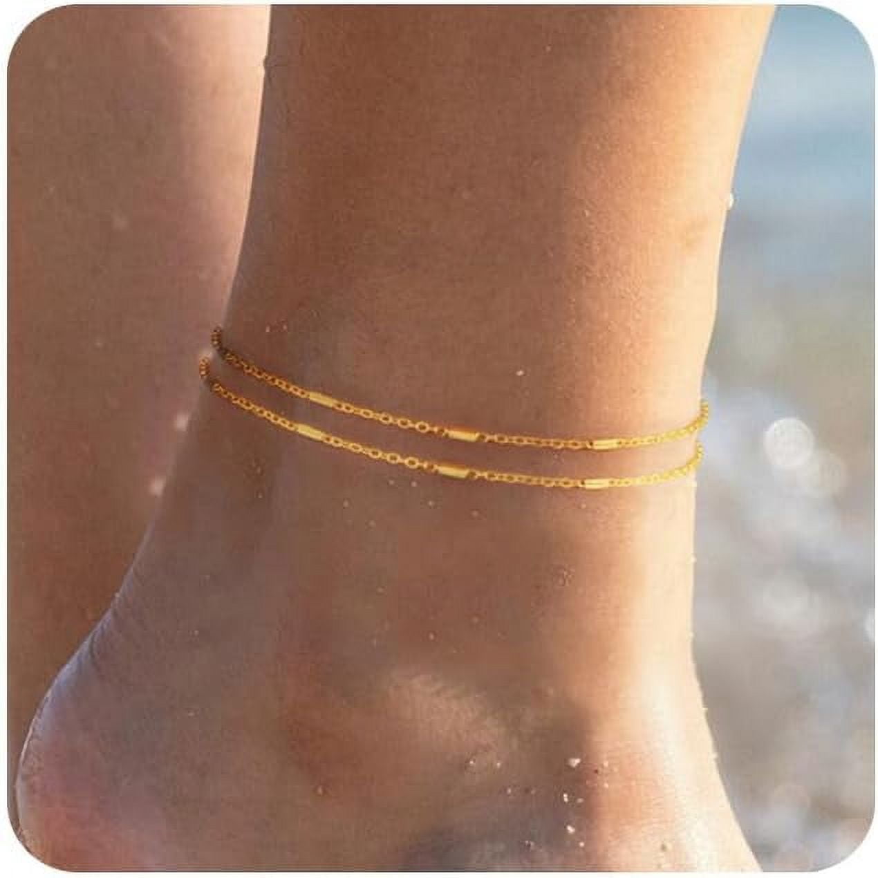 NEW Waterproof 14k  Gold Plated Layered Anklets Delicate Gold Anklet (1) Set Gold Ankle Letter Anklet Bracelet Layered Anklet Set 3-Piece  main image 2