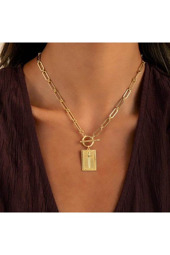 Gold/Sliver Cross Pendant Necklace for Women Trendy Chunky Cross Necklace Toggle Clasp Paperclip Chain Dainty Charm Necklace for Women Fashion Religious Simple Jewelry Gift