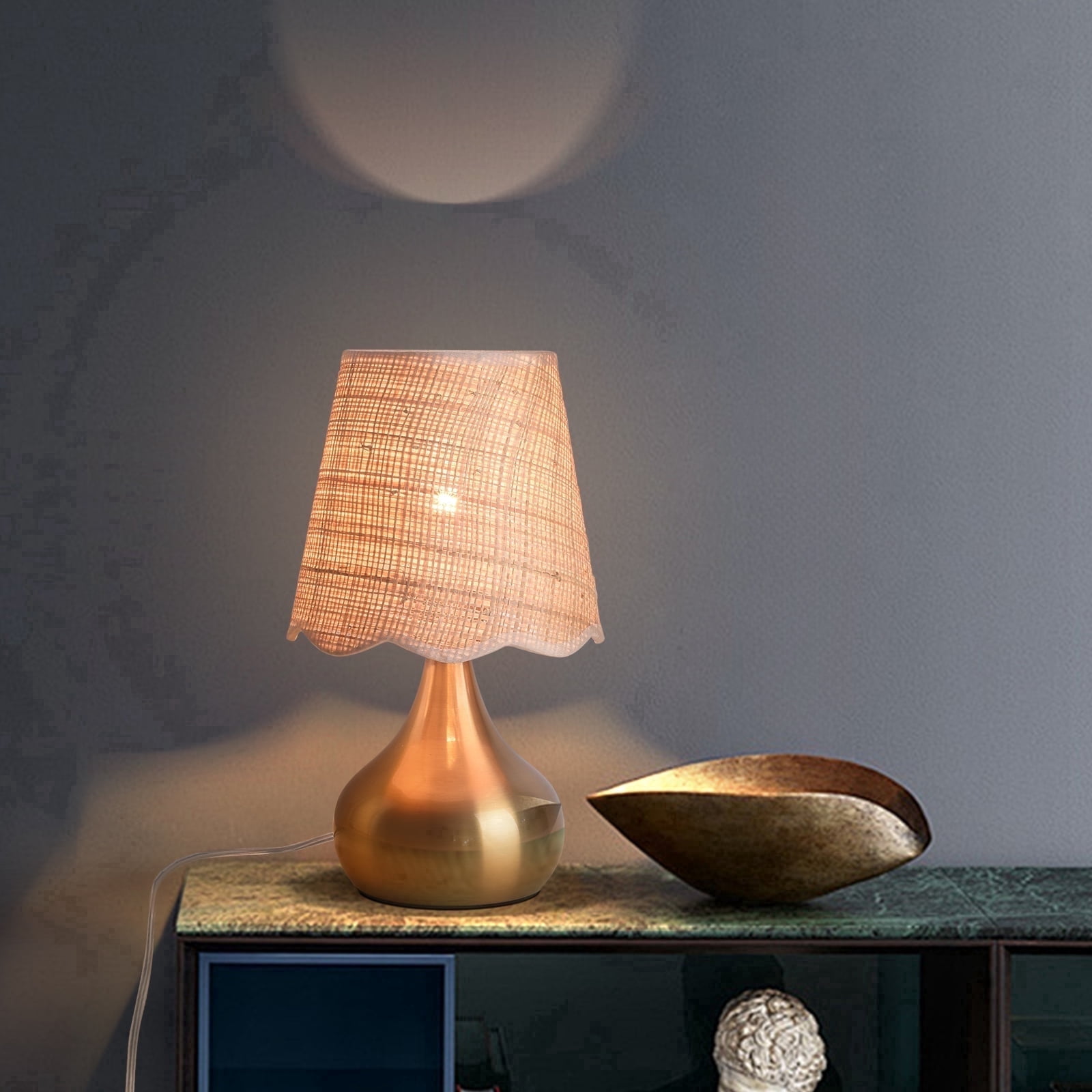 Brass Gold Mini Table Lamp, Small Bedside Nightstand Lamp with Wicker Shade for Bedroom, Living Room, Kitchen, Bookshelf, Kids Dorm