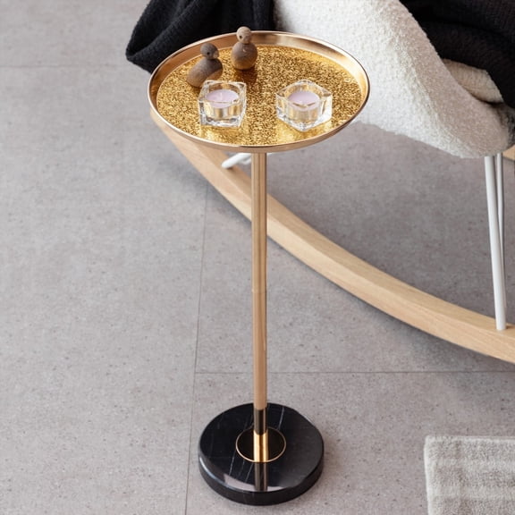Gold Small Tea Table featuring Natural Marble Base & Adjustable Height, Ideal for Display & Storage