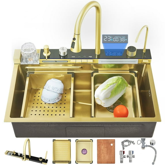 Gold Smart digital waterfall kitchen sink, 29.5"Drop In Stainless Steel Single Bowl Sink