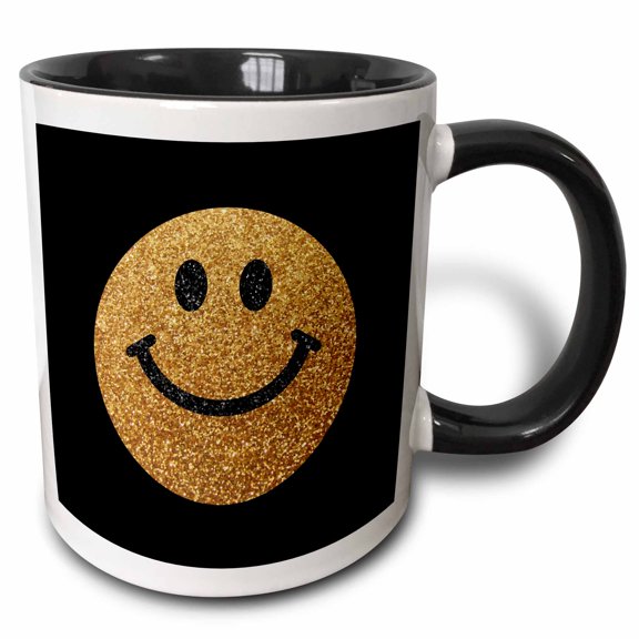 3drose, Gold Smiling Face Glitter Texture Graphic - Not Actually Sparkly or Glittery - Happy Cartoon on Blac, 15oz Two-tone Black Mug