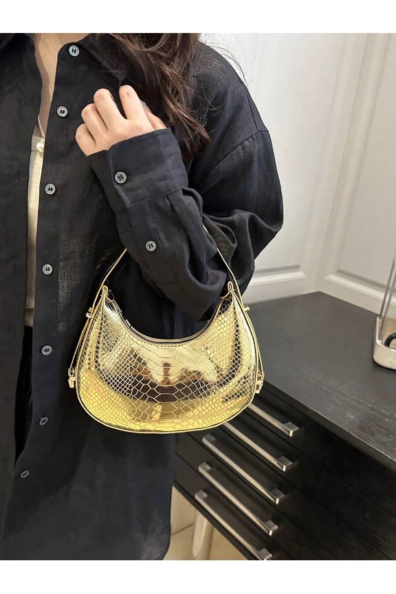 Gold Snake Embossed Crescent Shoulder Bag Baguette Style Minimalist