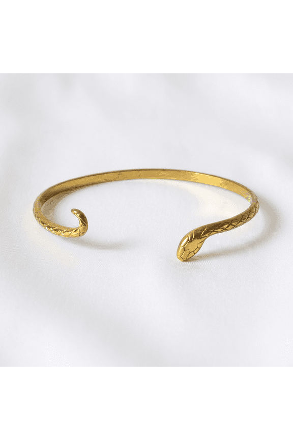 Gold Snake Wrap Cuff Bracelet for Women, 18K Gold Plated Serpent Body Bangle, Head and Tail Open Cuff, Scale Texture Jewelry, Hypoallergenic Stainless Steel