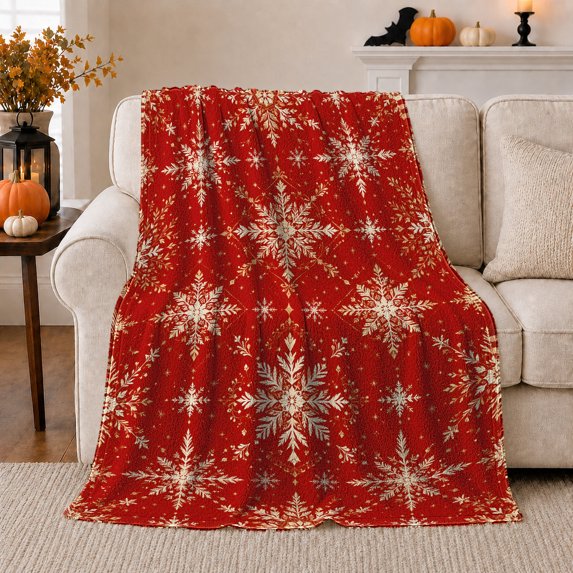 Gold Snowflake Burst and Branches on Red, Warm Holiday Style for Christmas Lovers, Sparkling Winter Pattern and Christmas Gift, Cozy Flannel Blanket for Living Room and Bedroom, Home Decor