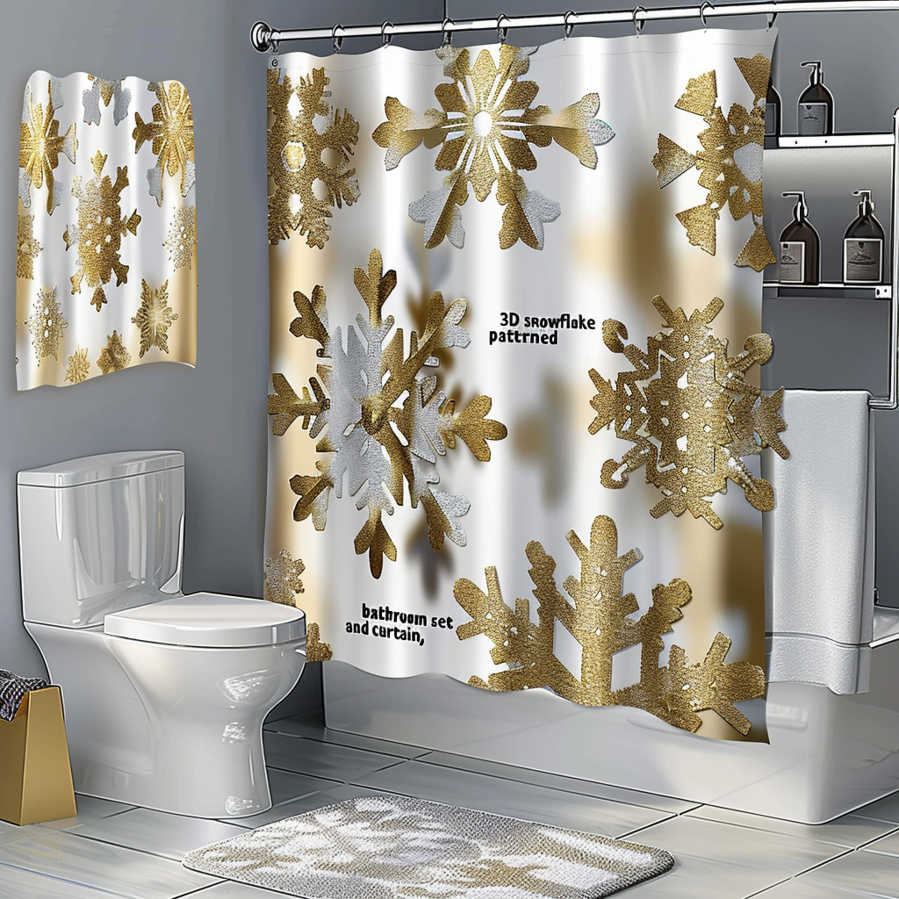 Gallery Detail: Gold Snowflake Patterned Shower Curtain Bathroom Set Elegant Bathroom
